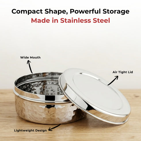 Vinod Stainless Steel Hammered Puri Dabba Set of 4 Capacity 1200 ml 1500 ml 2100 ml 2500 ml Heavy Gauge Steel Airtight Lids and Rust Free