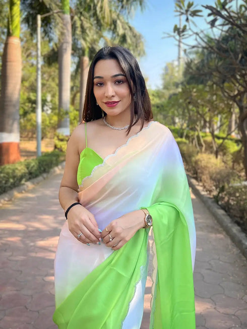 Vasthrlay Green Satin Georgette Plain Saree