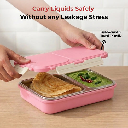 Vinod Stainless Steel Tiffin 2 Compartment Pink Airtight Silicone Sealed Lid Insulated Leak Proof Easy to Clean and Rust Free