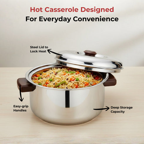 Vinod Stainless Steel Hot Casserole 700 ml with Insulated Design Mirror Finish Rust Free Dishwasher Safe Easy to Carry with Side Handles