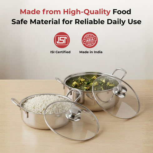 Vinod Stainless Steel Elite Bowl 2 Pcs Set with Glass Lid and Side Handles Highest Grade Stainless Steel Mirror finish Dishwasher Safe