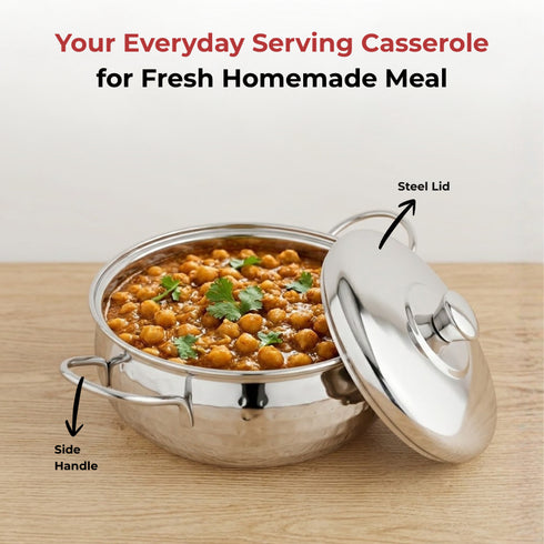 Vinod Stainless Steel Milano Hammered Serving Casserole with Steel Lid and Side Handles 1230 ml Highest Grade Stainless Steel Tough and Strong
