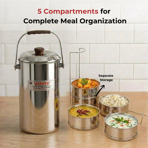 Vinod Stainless Steel Deluxe Hot Tiffin with 5 Compartments Insulated Rust Free Leak Proof Strong and Tough Dishwasher Safe