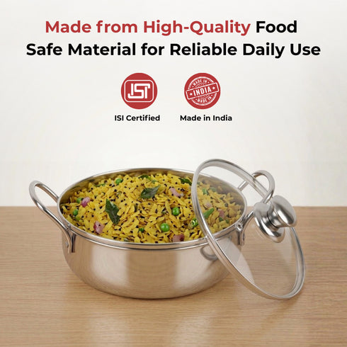 Vinod Stainless Steel Elite Bowl With Glass Lid and Side Handles 1300 ml Mirror Finish Strong and Sturdy Build Dishwasher Safe and Rust Free