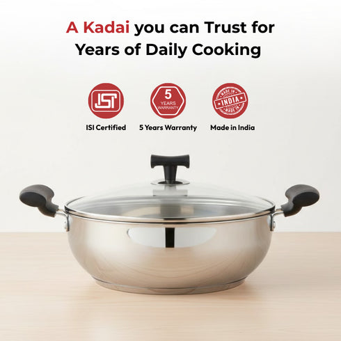 Vinod DONIV Stainless Steel Sandwich Bottom Solitaire Kadai With Glass Lid and Side handle Induction Friendly Capacity 4 Ltr 26cm