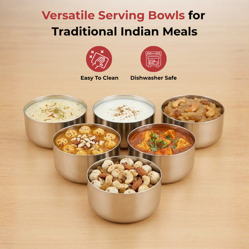 Vinod Stainless Steel Vati Katori Set of 6 Pieces 175 ml Highest Grade Steel Tough and Strong Build Dishwasher Safe and Easy to Clean