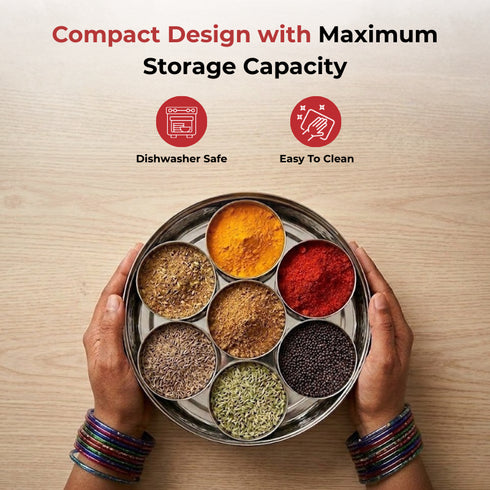 Vinod Hammered Stainless Steel Masala Dabba Spice Box with 7 Containers Spoon and Inner Lid Rust Resistant High Quality Build No 12