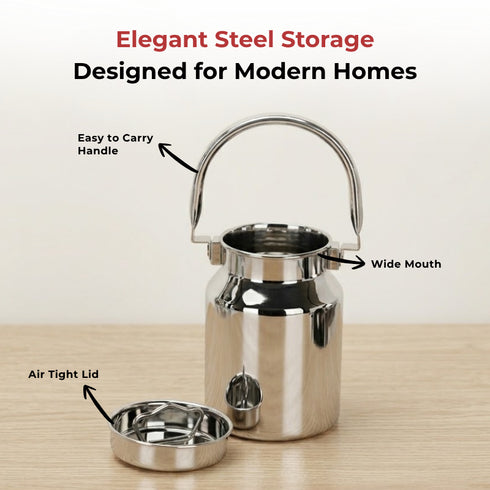 Vinod Stainless Steel Milk Can Barni Oil Can 5 Litre with Heavy Gauge Steel Jointless Body Glossy Finish Non Reactive Surface Rust Free