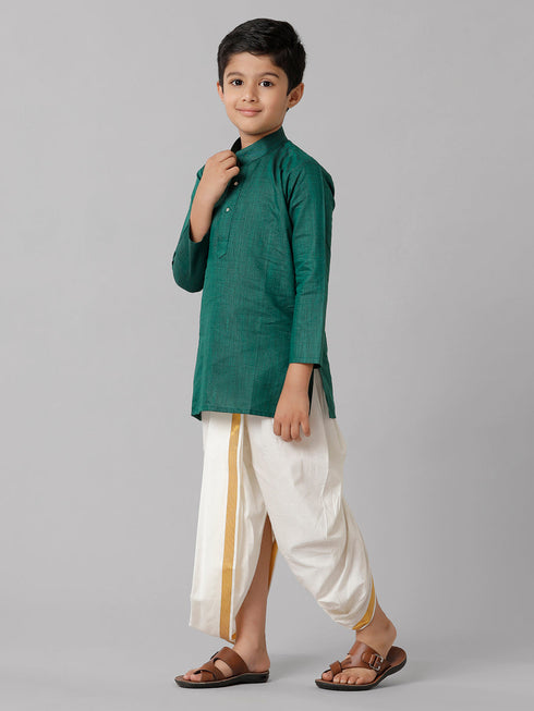 Ramraj Cotton Boys Dark Green Kurta with Cream Elastic Panchakacham Combo FS5