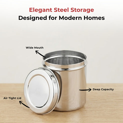 Vinod Stainless Steel Deep Dabba Set of 3 350 ml 500 ml and 750 ml in Heavy Gauge Steel Airtight Lids Mirror Finish Rust Free