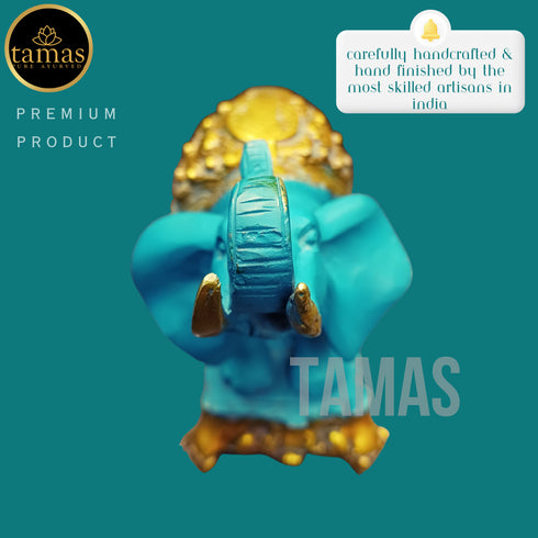 Tamas Brass Handcrafted Ethnic Elephant Showpiece Trunk Up Statue / Idol with Antique Finish (Golden & Blue) (Pack of 1)