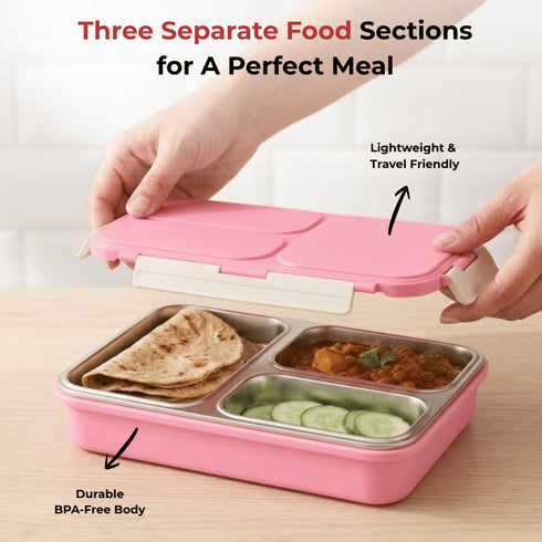 Vinod Stainless Steel Tiffin 3 Compartment Pink Airtight Silicone Sealed Lid Insulated Food Grade Steel Secure Side Clips