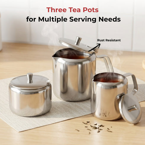 Vinod Stainless Steel 3 Pieces Jumbo Tea Set 1400 ml Tea Pot 250 ml Milk Pot and 250 ml Sugar Pot Highest Grade Steel Mirror Finish Rust Free
