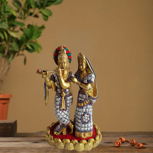 Brass Radha Krishna Same Base Stone God 3.77Kg