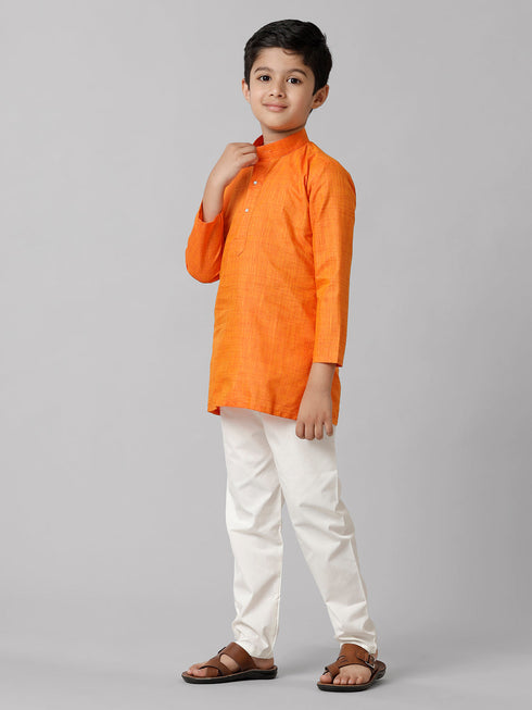 Ramraj Cotton Boys Full Sleeves Orange Kurta with Cream Pyjama Pant Combo FS3