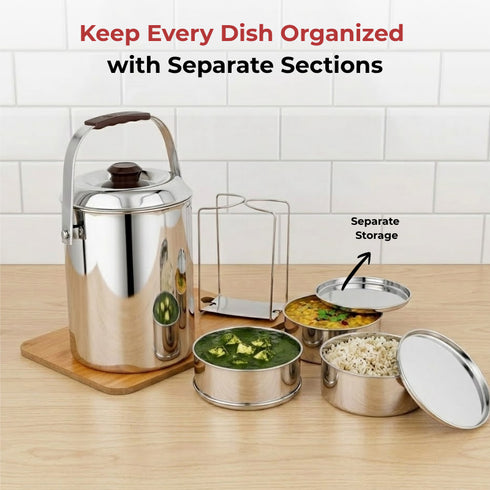 Vinod Stainless Steel Deluxe Hot Tiffin with 3 Compartment Insulated Rust Free Leak Proof Dishwasher Safe Strong and Tough