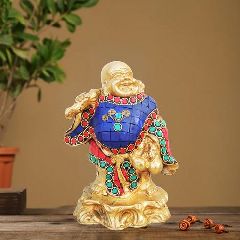 Brass Laughing Budha With Turquoise Coral 2.475Kg