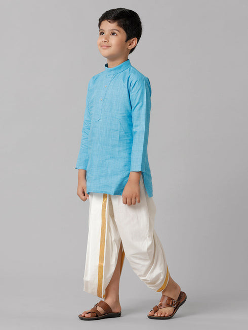 Ramraj Cotton Boys Sky Blue Kurta with Cream Elastic Panchakacham Combo FS4