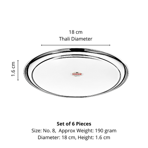 Vinod Stainless Steel Rajbhog Dish Set of 6 18 cm Salad Plate Snack Plate Highest Quality Stainless Steel Mirror Finish Rust Free