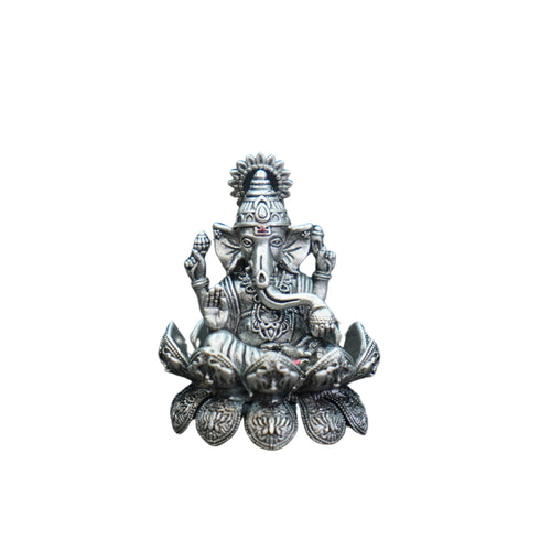 Pure Silver Antique Lotus Ganesh Left Trunk Small Sitting 23.74G By Mahita Collections
