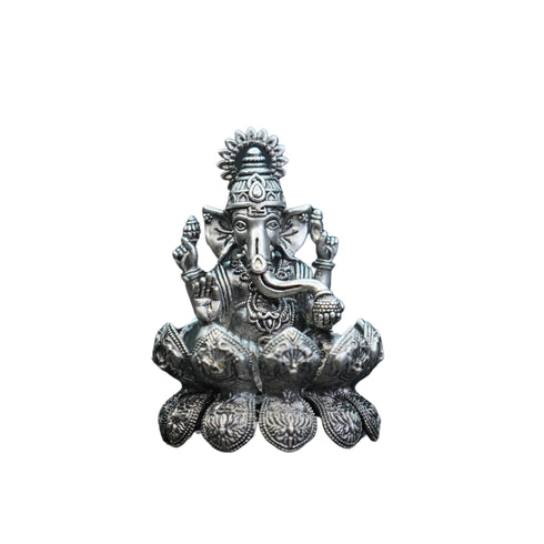 Pure Silver Antique Lotus Ganesh Left Trunk Big Sitting 71.66G By Mahita Collections