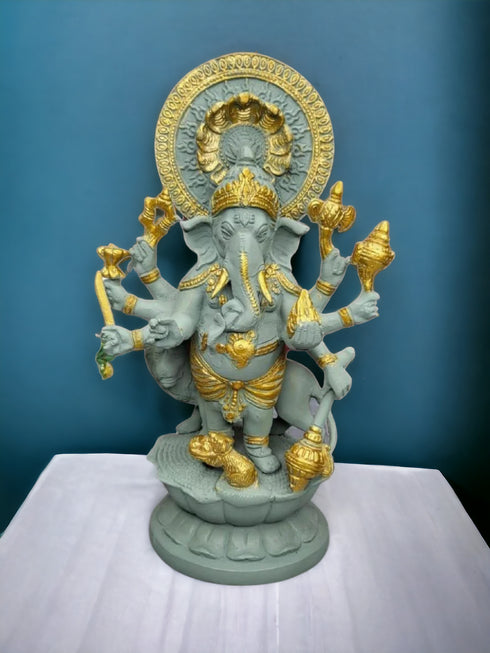 Tamas Brass Handcrafted Lord Dancing Ganesha Decor for Home Temple Statue / Idol with Antique Finish , Grey & Golden)