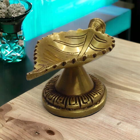 Tamas Brass Leaf Diya with Stand Ethnic Design Handmade | Free Luxury Gift box