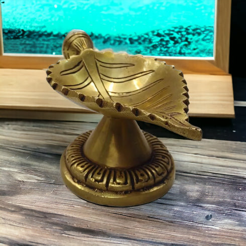 Tamas Brass Leaf Diya with Stand Ethnic Design Handmade | Free Luxury Gift box