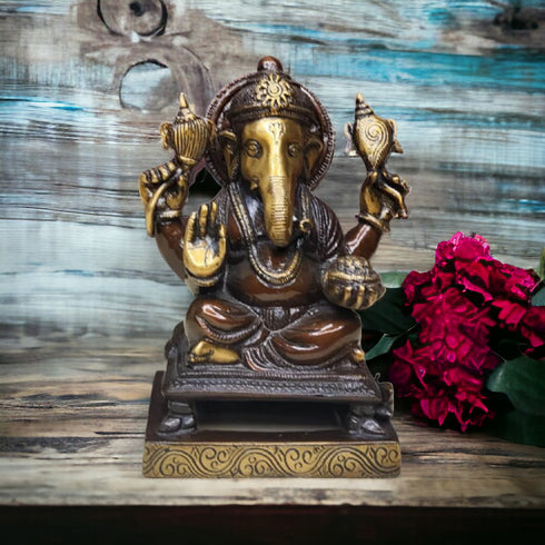 Tamas Brass Handcrafted Lord Ganesha Vinayaka Vighnaharta Statue / Idol with Antique Finish , Golden & Brown)