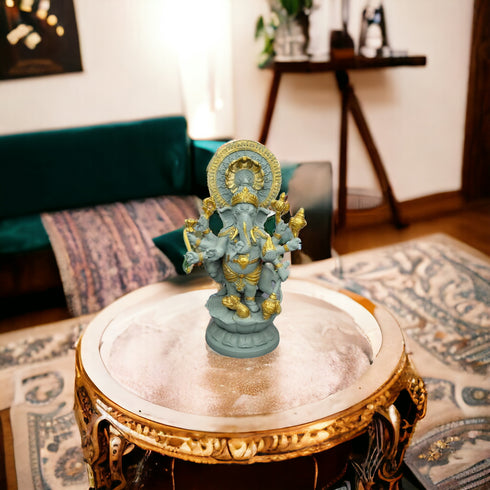 Tamas Brass Handcrafted Lord Dancing Ganesha Decor for Home Temple Statue / Idol with Antique Finish , Grey & Golden)