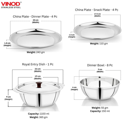 Vinod 30 Pieces Stainless Steel Dinner Set Heavy Gauge Mirror Finish Food Grade Steel Dishwasher safe and ISI Certified