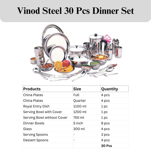 Vinod 30 Pieces Stainless Steel Dinner Set Heavy Gauge Mirror Finish Food Grade Steel Dishwasher safe and ISI Certified
