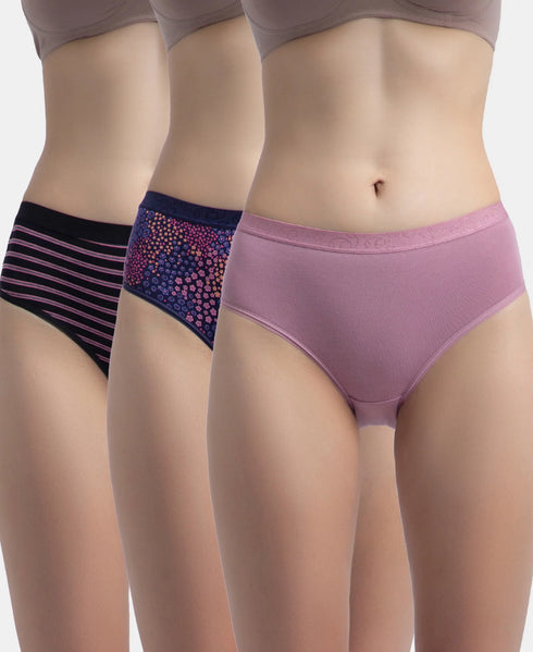 Jockey High Coverage Cotton Mid Waist Hipster With Exposed Waistband | Black, Classic Navy & Valerian | Pack of 3