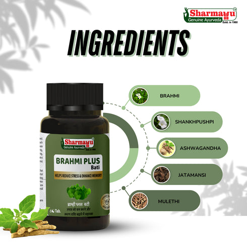 Sharmayu Ayurveda Brahmi Plus Bati Brahmi Bati Buddhi Vardhak Ayurvedic Stress Relief and Memory Booster 60 Tablets