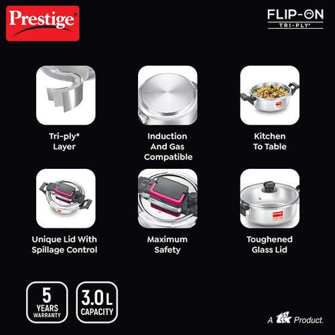 Prestige Flip-on Tri-ply Stainless Steel Pressure Cooker 3 L 220 Micron
