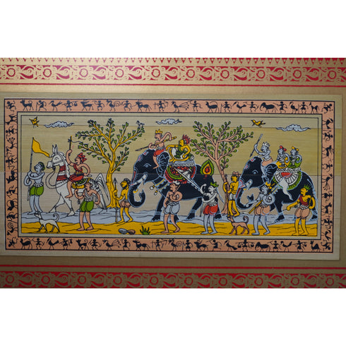 Palm Leaf Handmade Painting of Royal Elephant Procession with Attendants