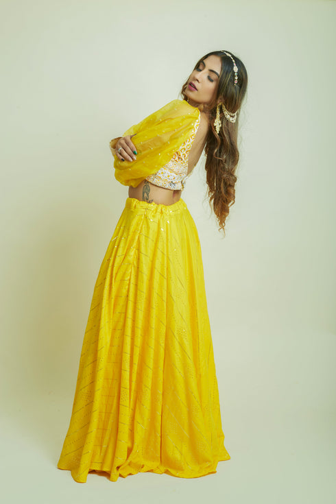 Kzari Lemon Yellow Crop Top and Skirt Set