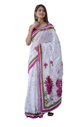 Jalther Handicrafts Women'S Ikat Hand Block Print Jaipuri Cotton Mulmul Saree