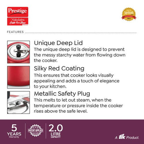 Prestige Nakshatra Cute Duo Svachh Aluminium Spillage Control Pressure Cooker Red 2 L