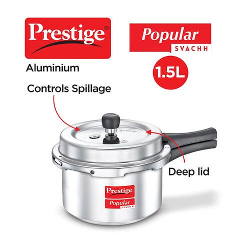 Prestige Popular Svachh Virgin Aluminium Spillage Control Pressure Cooker Silver 1.5 L