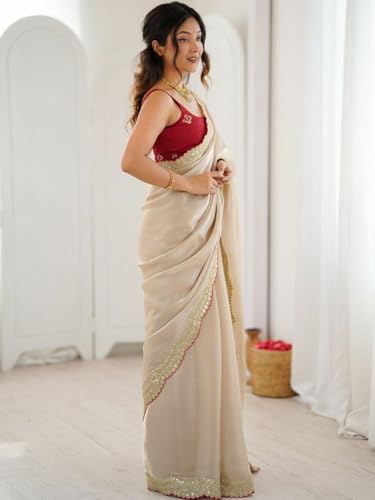 Vasthrlay Fancy Satin Solid Cream Saree With Gold Sequin Embroidered Scallop Border