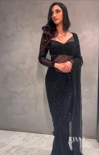 Vasthrlay Black Sequins Unstitched Saree