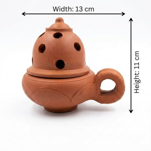Handcrafted Clay Incense Holder with Handle & Lid - Terracotta Sambrani Stand & Dhoop Dani