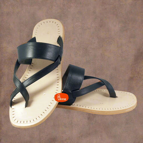 Vhaanfootwear Double wadi Gandhi Design Pure Leather Black Color Soft Kolhapuri for men