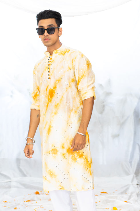 Kzari Yellow Mirror Work Checks Tie & Dye Kurta