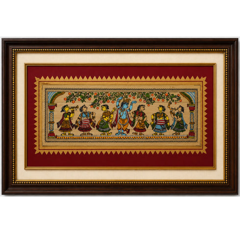Palm Leaf Handmade Painting of Lord Krishna Dancing with Gopis