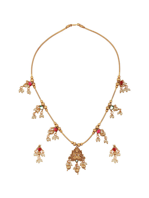 Gold Plated Ball Chain Kempo Studded Lakshmiji Pendant Minimal Jewellery Set