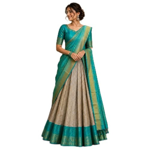 Vasthrlay Banarasi Art Silk Lehenga Choli Set With Dupatta Teal Green And Gold