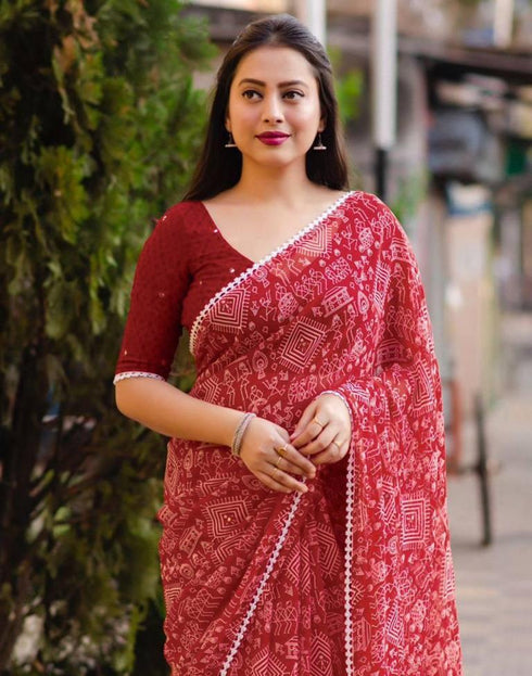 Sudathi Red Printed Georgette Saree