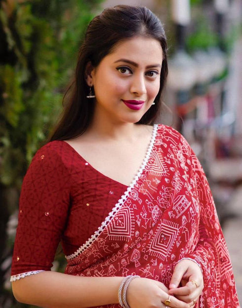 Sudathi Red Printed Georgette Saree